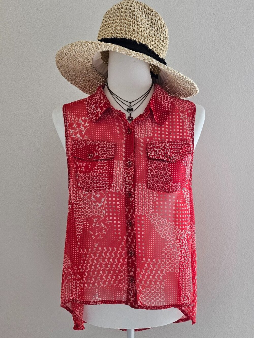 Vintage Inspired Red Patchwork Sheer Sleeveless Blouse - Size M